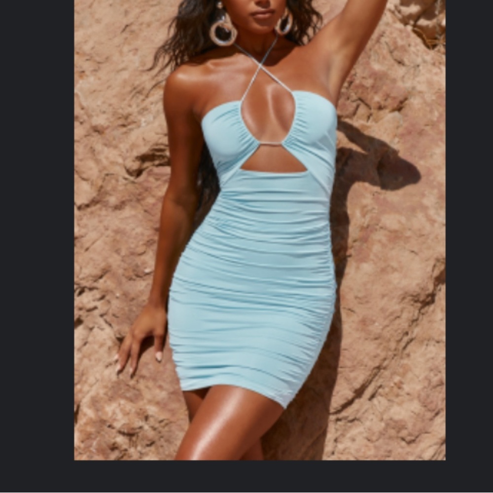 Oh polly blue bodycon rouched mini dress
